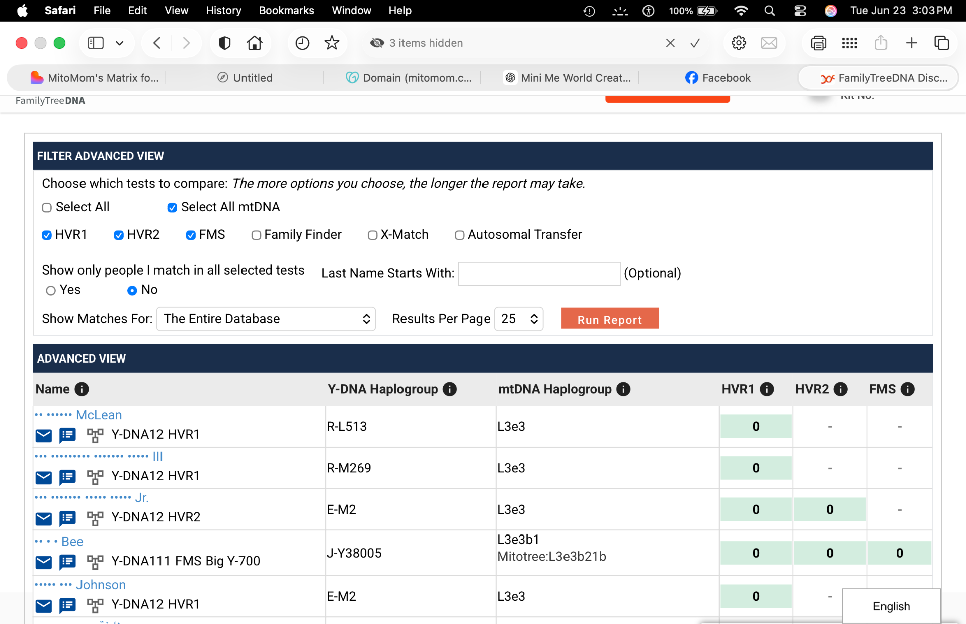 FamilyTreeDNA Filter Advanced View with Select All mtDNA checked and Advanced View results below