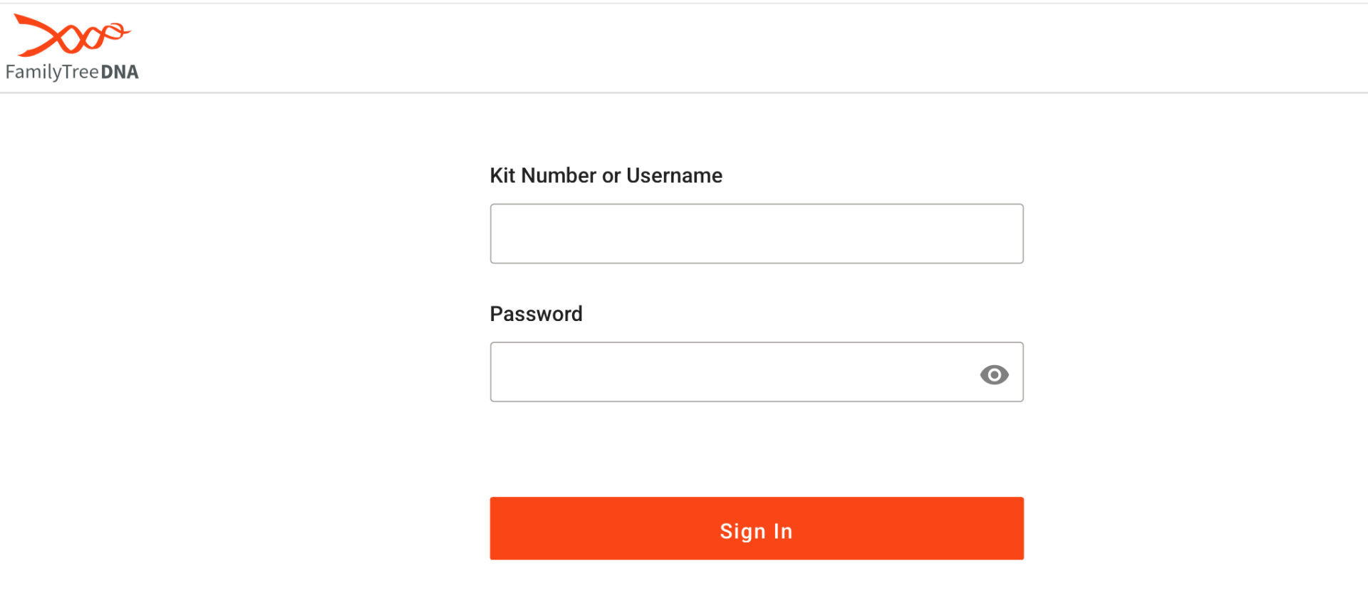 FamilyTreeDNA sign-in page with Kit Number and Password fields