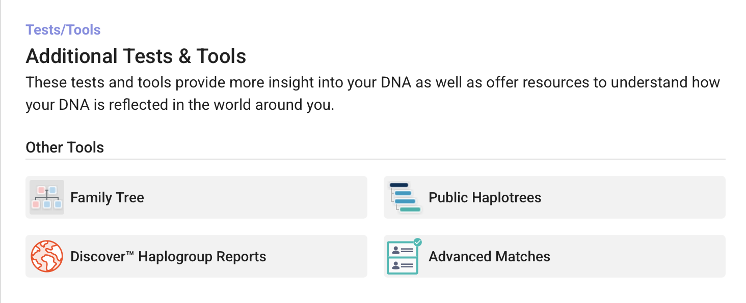 FamilyTreeDNA Additional Tests & Tools panel with Advanced Matches highlighted